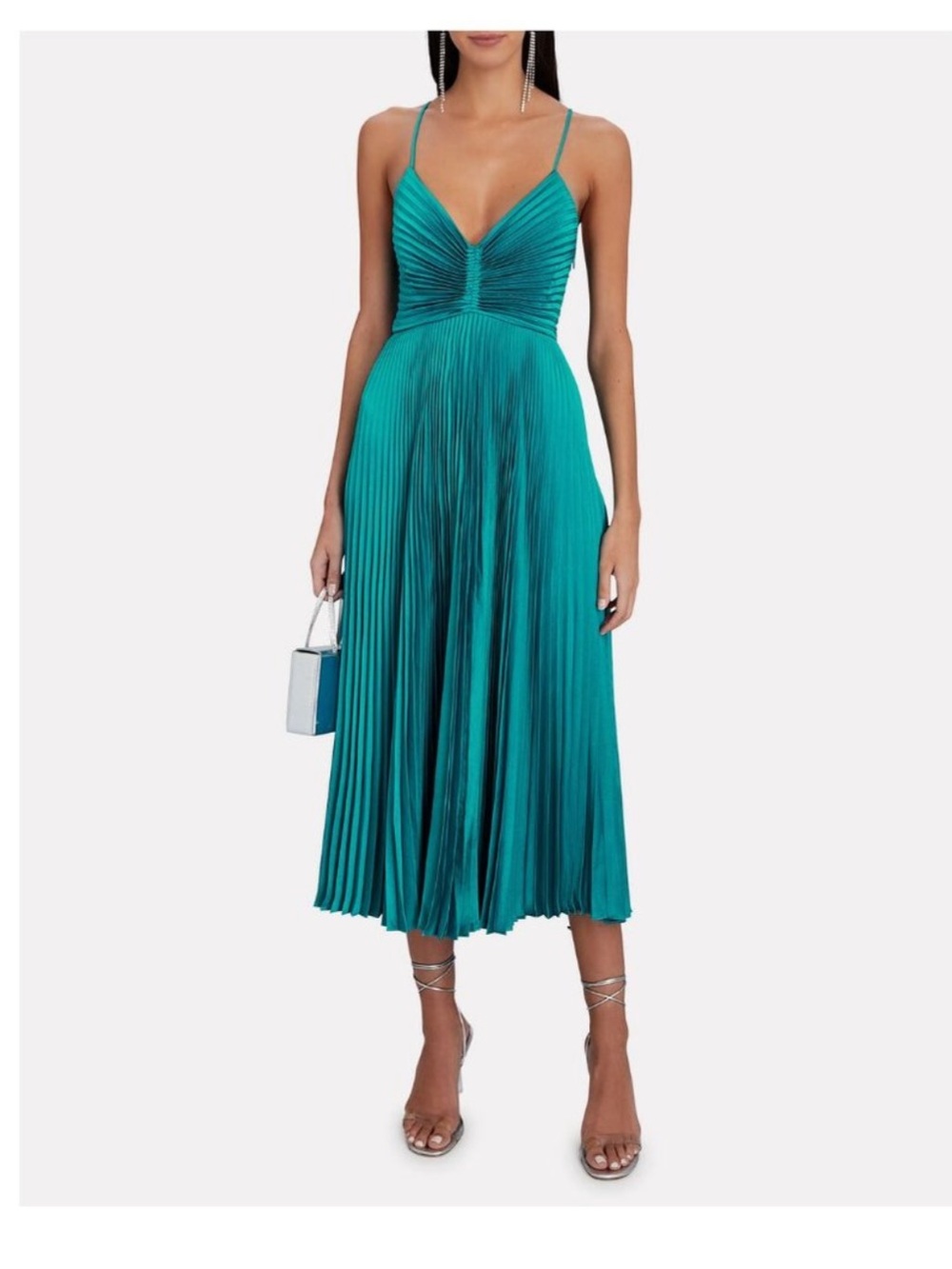 A.L.C. Pleated V-Neck Strappy Midi Dress in Teal-Green